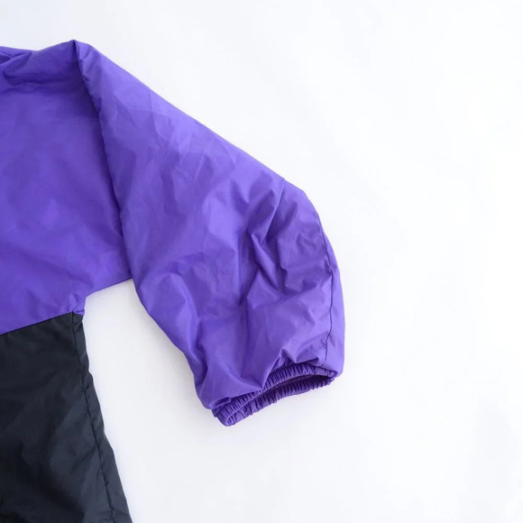 80S Active Spirit Purple Teal Zip Up Nylon W/ Hidden Hood Lined Windbreaker Coat - Picture 5 of 14
